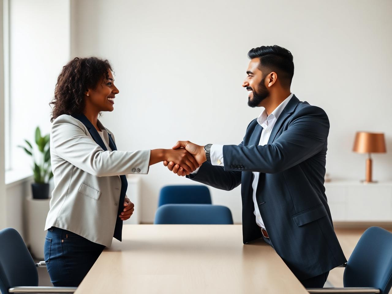Two business professionals sharing a handshake in a bright modern office