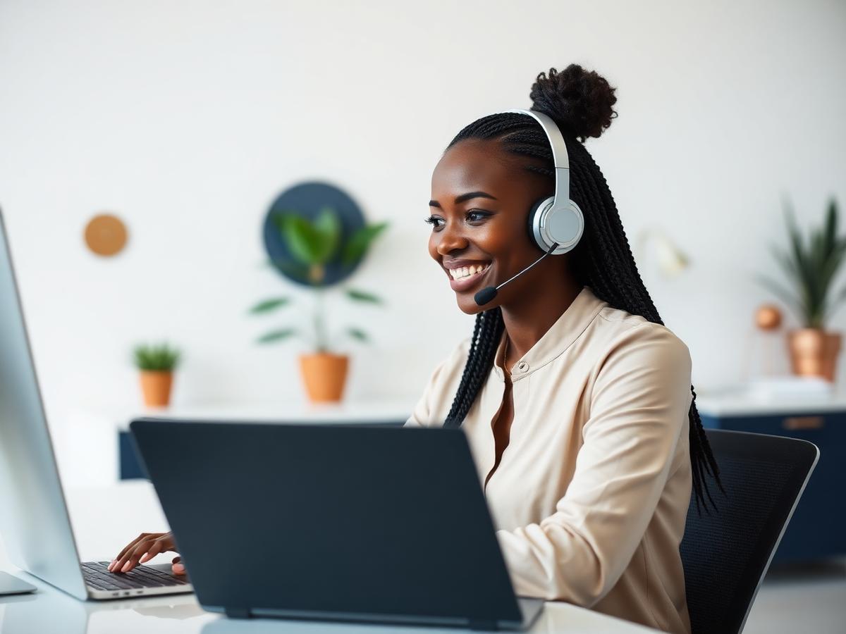Professional customer support specialist smiling while assisting a client