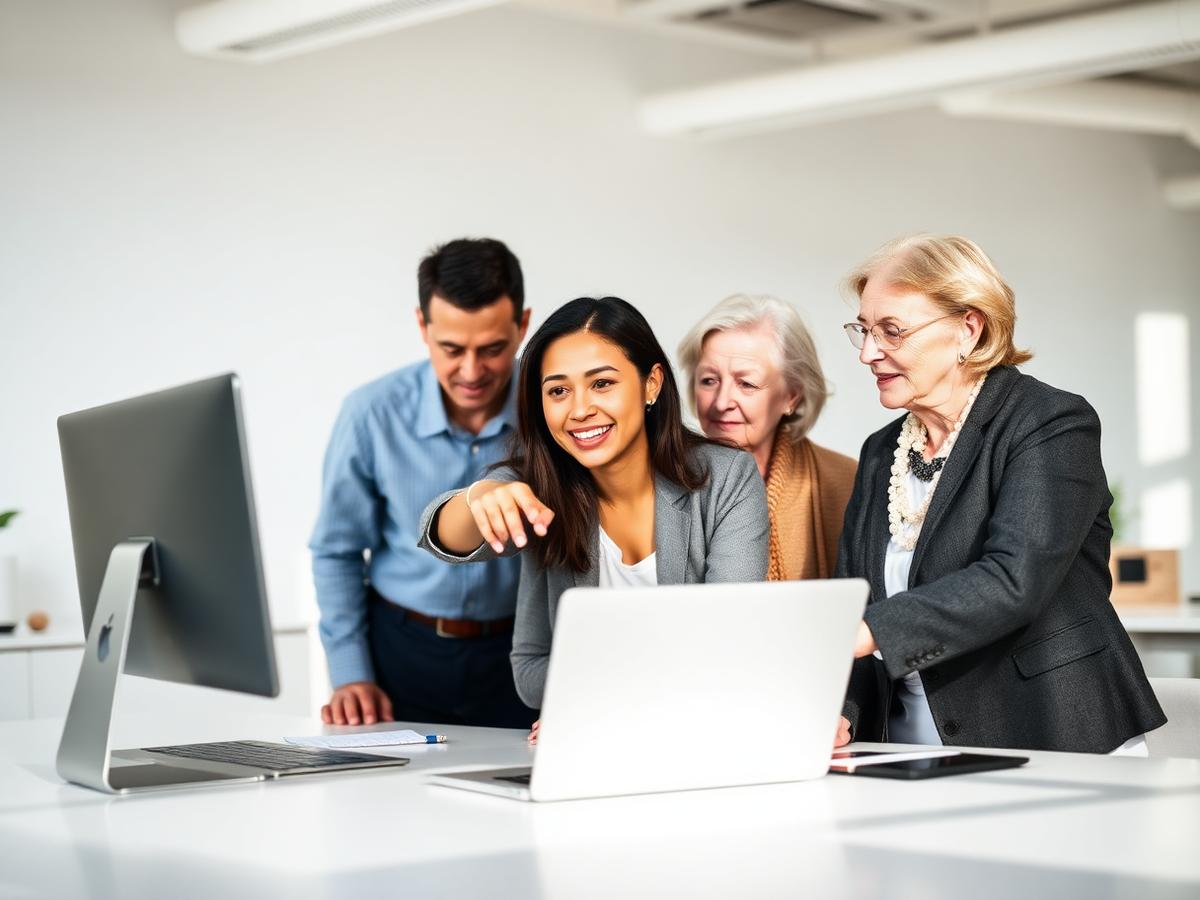 Diverse team collaborating around a laptop in a bright office